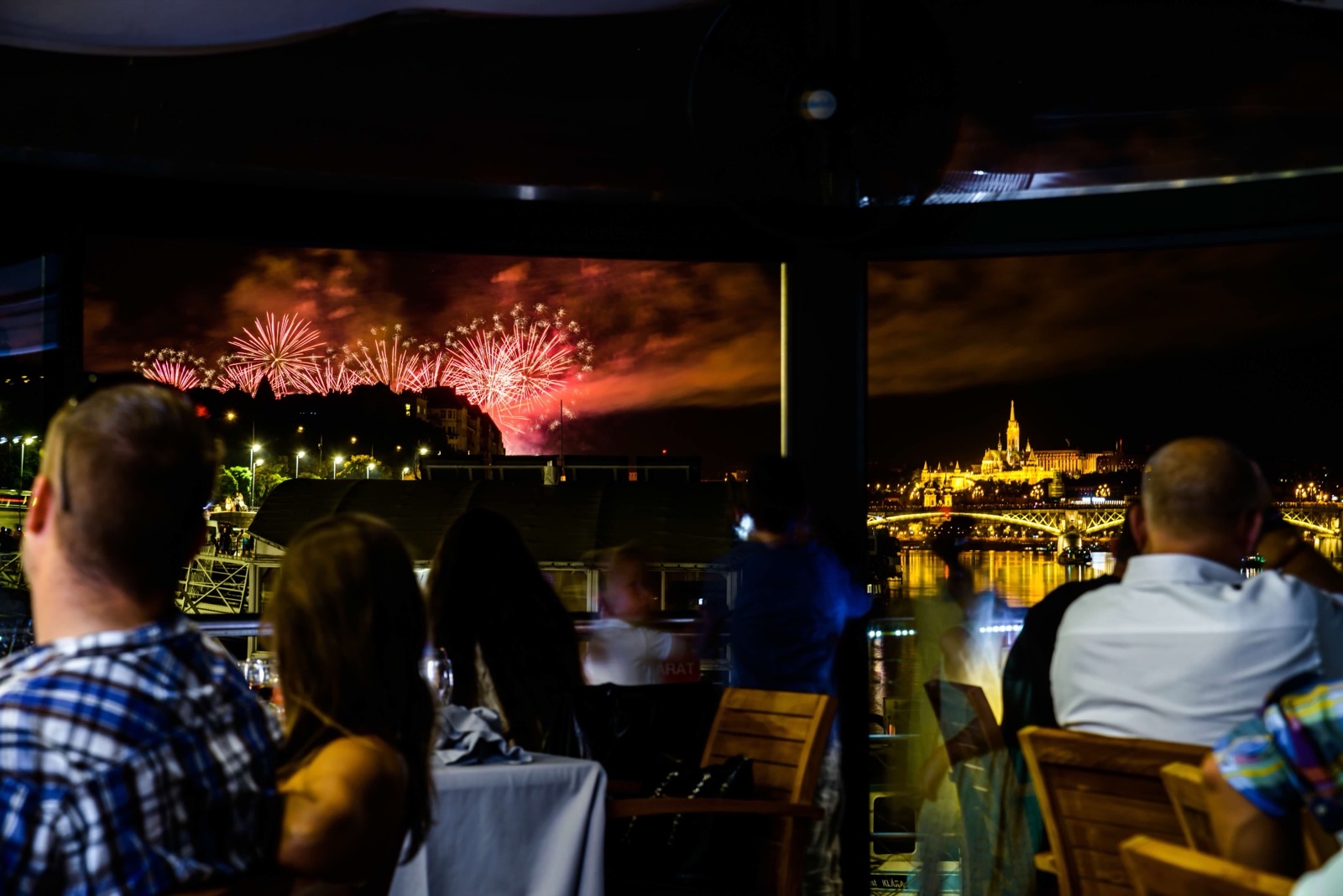 Fireworks over the Buda side seen from the terrace, Fisherman’s Bastion and Margaret Bridge lit